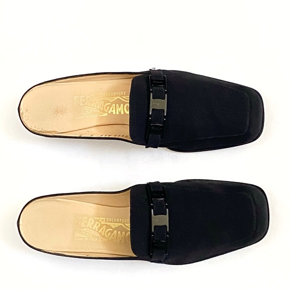 SALVATORE FERRAGAMO black fabric buckle strap detail slip on mules loafer - Picture 4 of 13